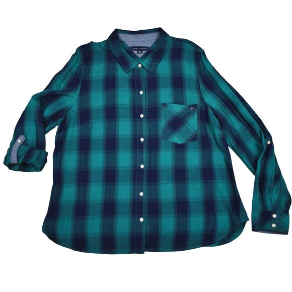 Tommy Hilfiger navy blue/teal green plaid button up shirt top size slim xlarge - Picture 1 of 7